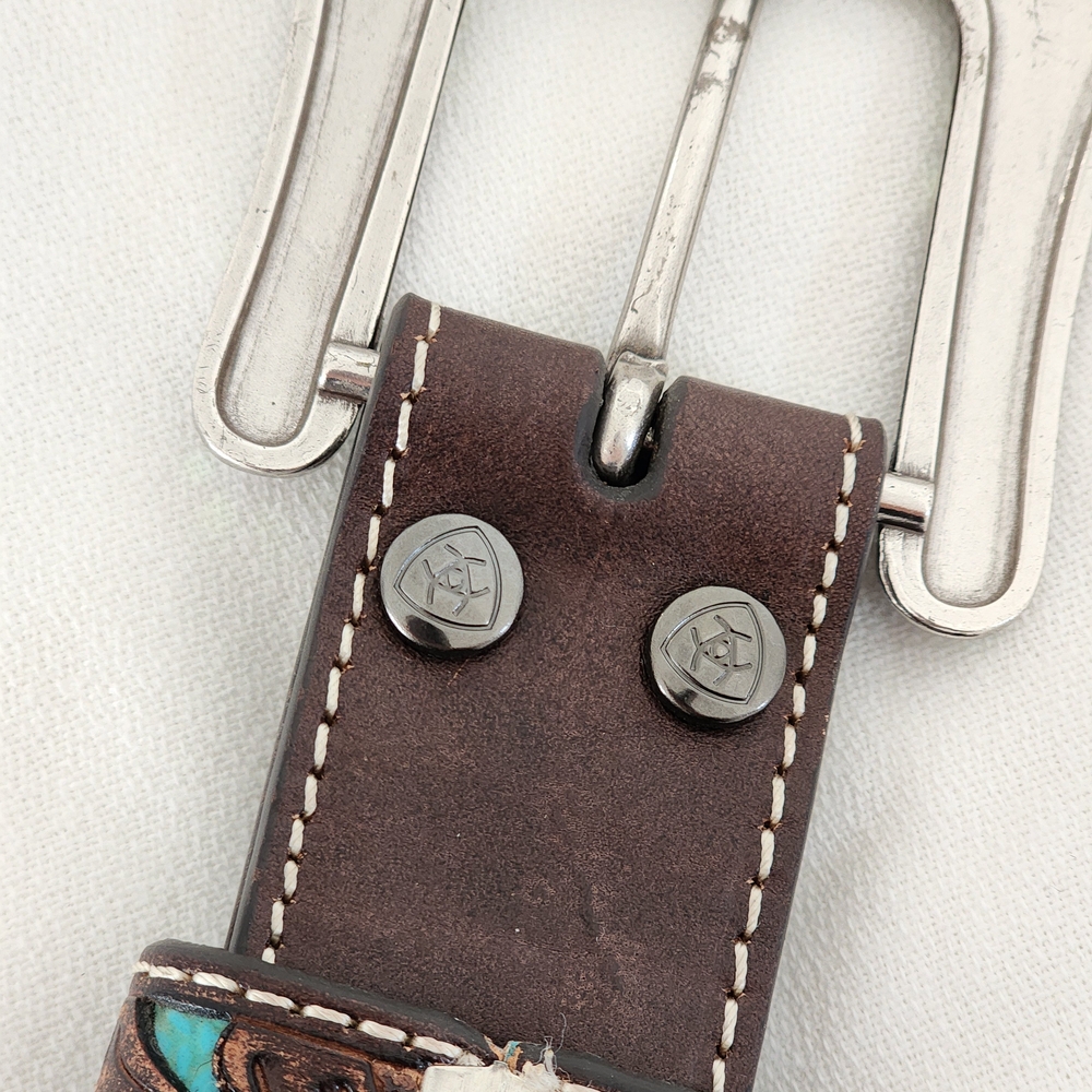 Ariat Women's Turquoise Inlay Floral Tooled Belt - Western Elegance! - Picture 8 of 13